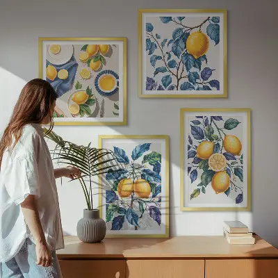 Lemon branches wall art set set of 4 pieces with blue leaves