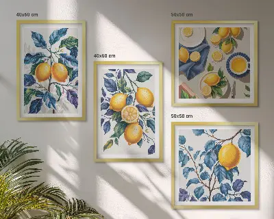 Lemon branches wall art set set of 4 pieces with blue leaves