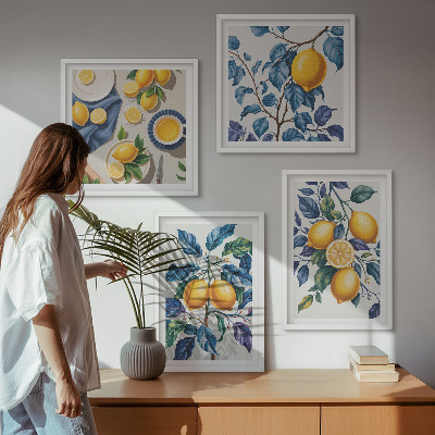 Set of 4 wall art pieces Lemon branches blue leaves