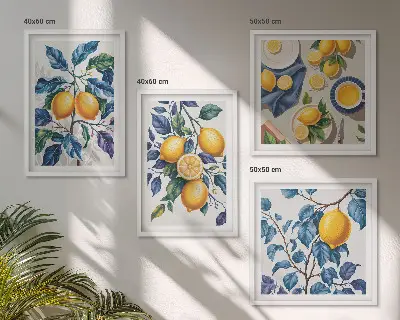 Lemon branches wall art set set of 4 pieces with blue leaves