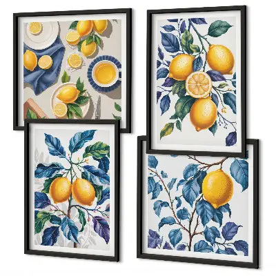 Lemon branches wall art set set of 4 pieces with blue leaves