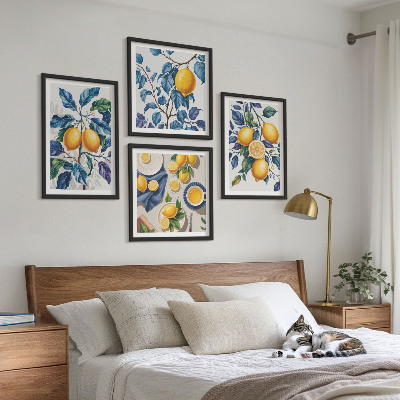 Set of 4 wall art pieces Lemon branches blue leaves