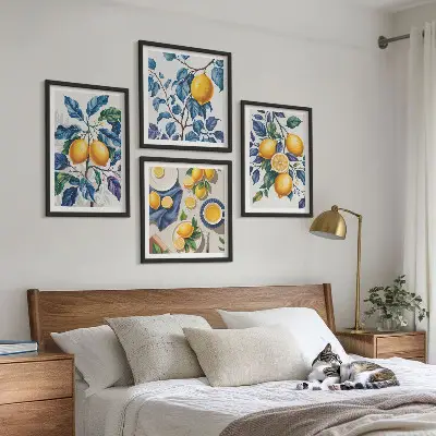 Lemon branches wall art set set of 4 pieces with blue leaves