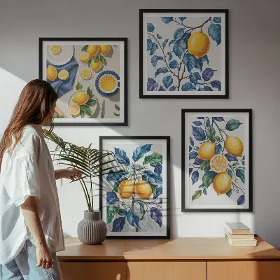Lemon branches wall art set set of 4 pieces with blue leaves