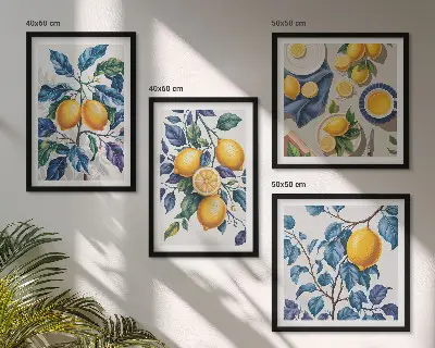 Lemon branches wall art set set of 4 pieces with blue leaves