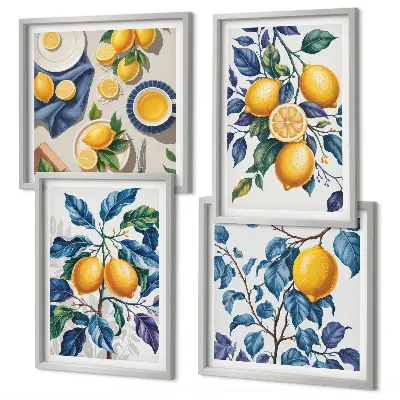 Lemon branches wall art set set of 4 pieces with blue leaves