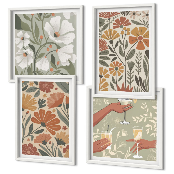 Wall art set Floral patterns orange green