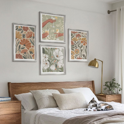 Wall art set Floral patterns orange green