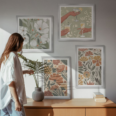 Wall art set Floral patterns orange green