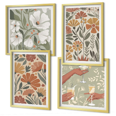 Wall art set Floral patterns orange green