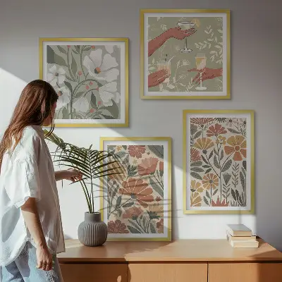 Wall art set floral patterns in orange and green