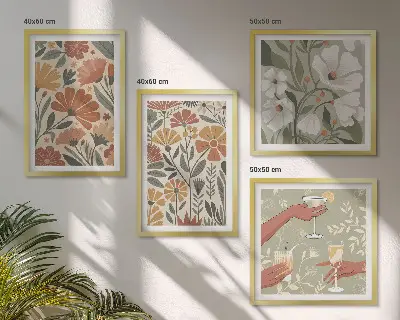 Wall art set floral patterns in orange and green