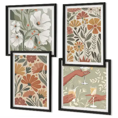 Wall art set floral patterns in orange and green