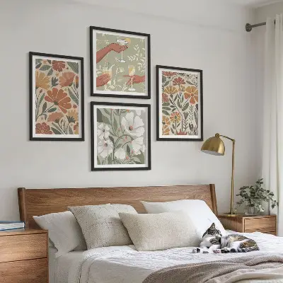 Wall art set floral patterns in orange and green