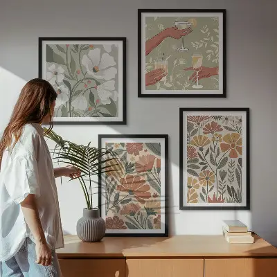 Wall art set floral patterns in orange and green