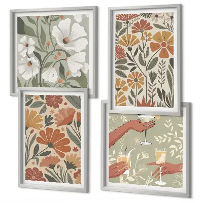 Wall art set floral patterns in orange and green