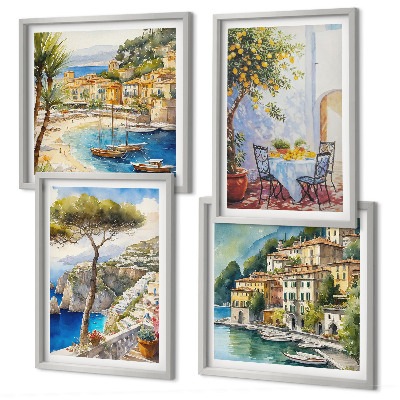 Set of 4 wall art pieces Italian towns watercolor