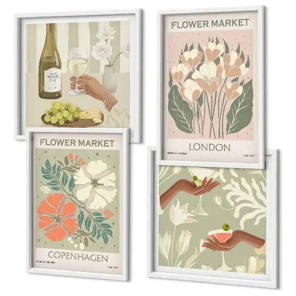 Wall art set floral posters featuring wine and city motifs