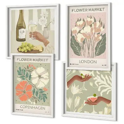 Wall art set floral posters featuring wine and city motifs