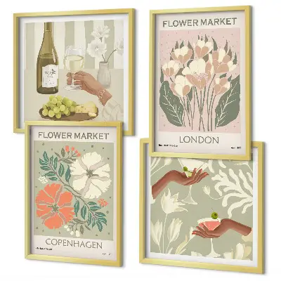 Wall art set floral posters featuring wine and city motifs