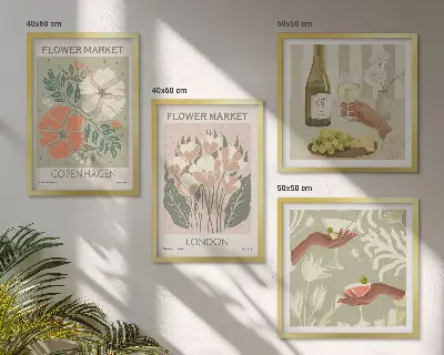 Wall art set floral posters featuring wine and city motifs