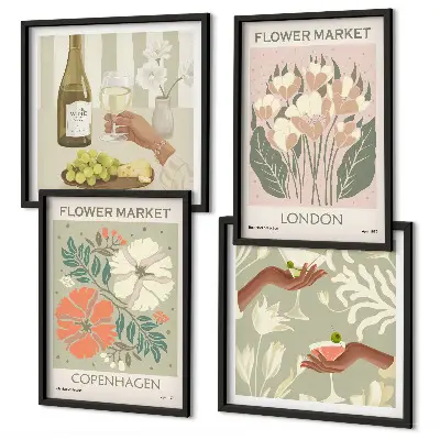 Wall art set floral posters featuring wine and city motifs