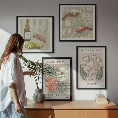 Wall art set floral posters featuring wine and city motifs