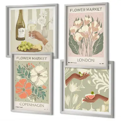Wall art set floral posters featuring wine and city motifs