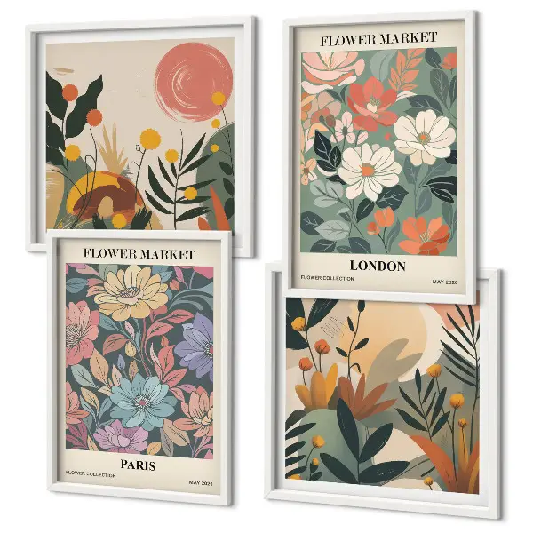 Floral posters of Paris and London set of 4 wall art pieces