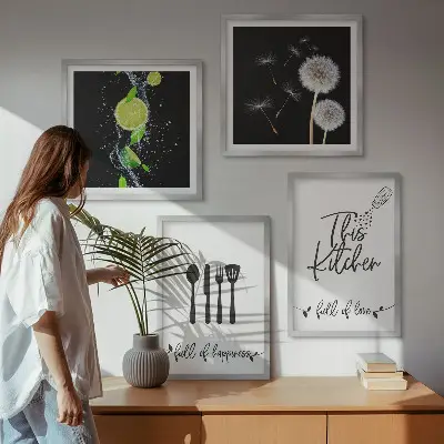 Multi-piece dandelions wall decor set with kitchen-themed inscriptions in lime green