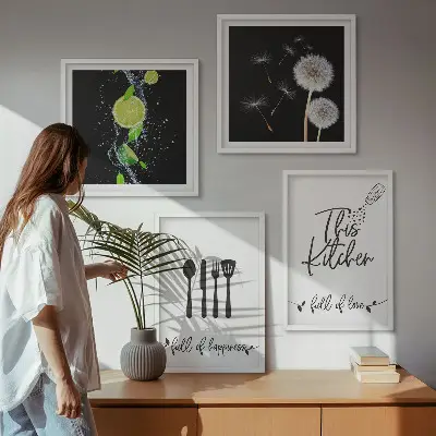 Multi-piece dandelions wall decor set with kitchen-themed inscriptions in lime green