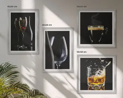 Wall art set featuring whiskey, wine, champagne, and coffee themes
