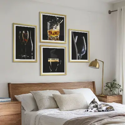 Wall art set featuring whiskey, wine, champagne, and coffee themes