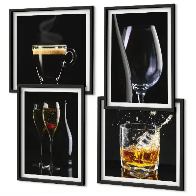 Wall art set featuring whiskey, wine, champagne, and coffee themes