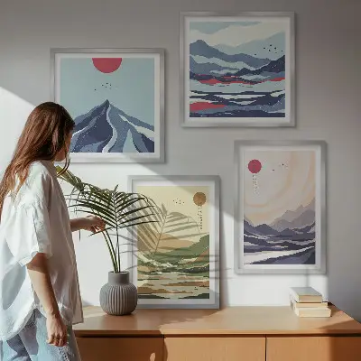 Wall art set pastel mountains in a Japandi style
