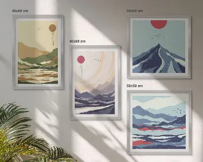 Wall art set pastel mountains in a Japandi style