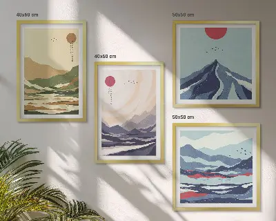 Wall art set pastel mountains in a Japandi style