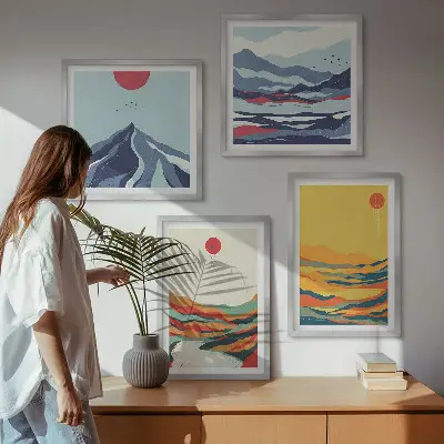Colorful abstract river mountains wall art set of 4 pieces