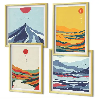 Colorful abstract river mountains wall art set of 4 pieces