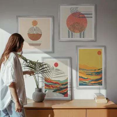 Wall art set with colorful Japandi river mountain patterns