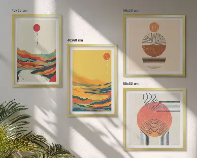Wall art set with colorful Japandi river mountain patterns