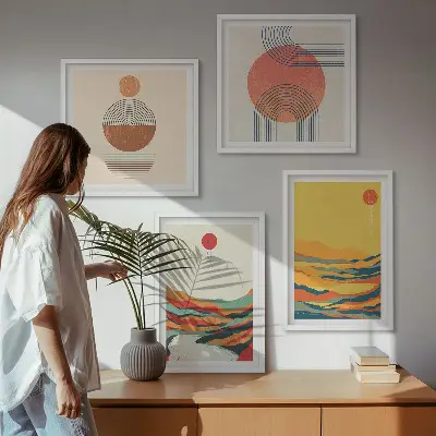 Wall art set with colorful Japandi river mountain patterns