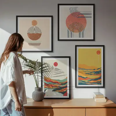 Wall art set with colorful Japandi river mountain patterns