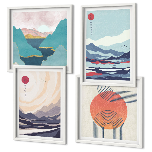 Set of 4 wall art pieces Japanese mountain landscapes