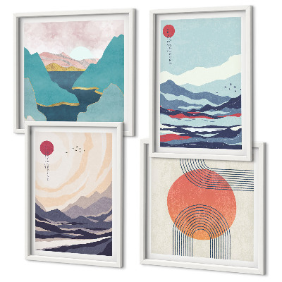 Set of 4 wall art pieces Japanese mountain landscapes