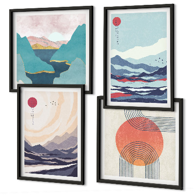 Set of 4 wall art pieces Japanese mountain landscapes