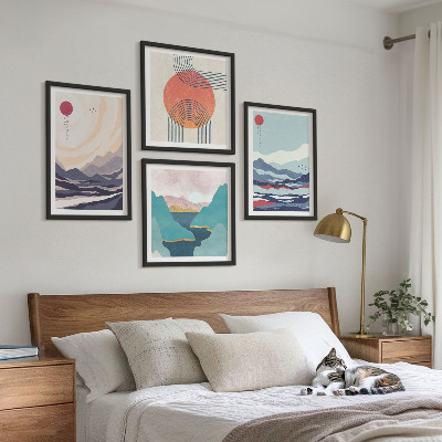 Set of 4 wall art pieces Japanese mountain landscapes