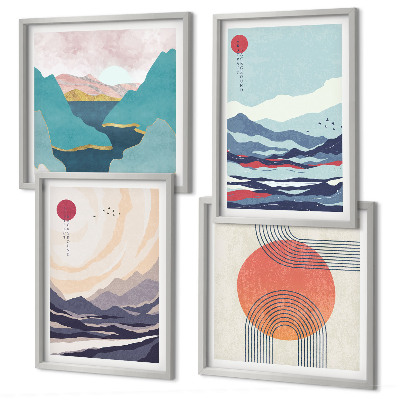 Set of 4 wall art pieces Japanese mountain landscapes