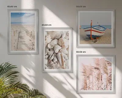 Multi-piece wall decor set with beach boat, shells, and boho grass theme