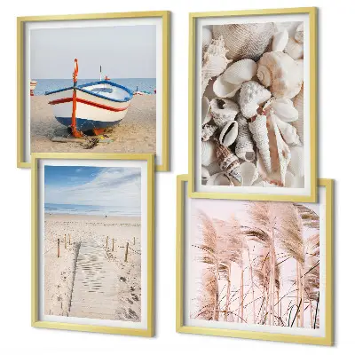 Multi-piece wall decor set with beach boat, shells, and boho grass theme